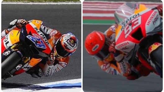 Casey Stoner, 36 anni, e Marc Marquez, 29, in azione con la Honda