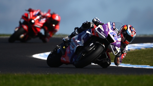 epa10244561 Jorge Martin of Spain riding for Pramac Racing in action during Free Practice 3 of the Australian Motorcycle Grand Prix at the Phillip Island Grand Prix Circuit on Phillip Island, Victoria, Australia, 15 October 2022.  EPA/JOEL CARRETT AUSTRALIA AND NEW ZEALAND OUT