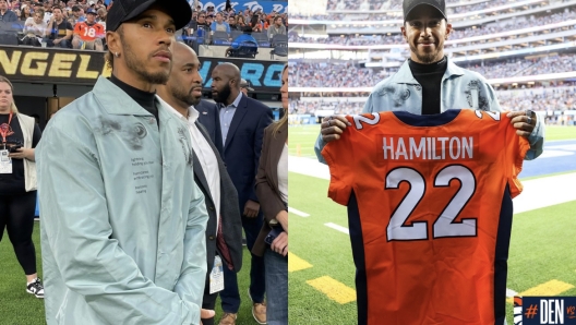 Lewis Hamilton in campo a Los Angeles con la maglia dei Denver Broncos