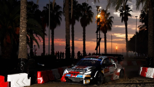 Toyota Gazoo Racing WRT's driver Sebastien Ogier of France steers his Toyota Gr Yaris assisted by Benjamin Veillas of France during the second day of the Catalonia 2022 FIA World Rally Championship in Salou, on October 22, 2022. (Photo by Pau BARRENA / AFP)