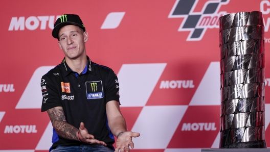 epa10283954 Moto GP's French rider Fabio Quartararo of Monster Energy Yamaha team, attends a press conference at Ricardo Tormo circuit in Cheste, Valencia, eastern Spain, 03 November 2022. The 2022 Motorcycling Grand Prix of Valencia, the last race of the season, will be held next 06 November.  EPA/Biel Alino