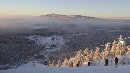 A view of the course with rare sunlight during an alpine ski, women's World Cup slalom, in Levi, Finland, Sunday, Nov. 20, 2022. (AP Photo/Alessandro Trovati)