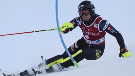 Sweden's Sara Hector speeds down the course during an alpine ski, women's World Cup slalom, in Levi, Finland, Sunday, Nov. 20, 2022. (AP Photo/Alessandro Trovati)