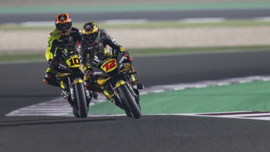 DOHA, QATAR - MARCH 04: Marco Bezzecchi of Italy and Mooney VR46 Racing Team leads Luca Marini of Italy and Mooney VR46 Racing Team during the MotoGP of Qatar - Free Practice  at Losail Circuit on March 04, 2022 in Doha, Qatar. (Photo by Mirco Lazzari gp/Getty Images)