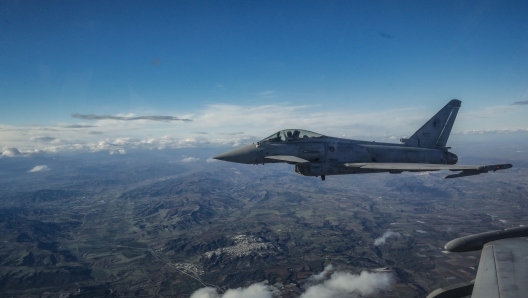 A Italian Air Force Eurofighter Typhoon in flight during training ??Sim - Slow Mover Intercept'. The focus of the training ??Sim - slow mover intercept?? is be on the training of drills, procedures and processes for quick reaction forces that safeguard the skies, Italy, 10 December 2020. ANSA/GIUSEPPE LAMI