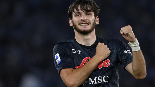 Napoli's Khvicha Kvaratskhelia celebrates his goal during the Serie A soccer match between SS Lazio and SSC Napoli at the Olimpico stadium in Rome, Italy, 3 September 2022. ANSA/RICCARDO ANTIMIANI