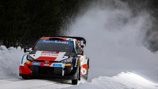 Kalle Rovanpera of Finland and his co-driver Jonne Halttunen of Finland steer their Toyota GR Yaris Rally 1 HYBRID during the shakedown of the Rally Sweden, second round of the FIA World Rally  Championship on February 9, 2023 in Hakmark, north of Umea, Sweden. (Photo by Jonathan NACKSTRAND / AFP)