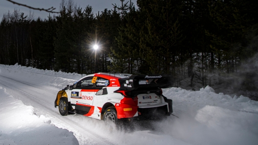 Kalle Rovanpera of Finland and his co-driver Jonne Halttunen of Finland steer their Toyota GR Yaris Rally 1 HYBRID during the shakedown of the Rally Sweden, second round of the FIA World Rally  Championship on February 9, 2023 in Hakmark, north of Umea, Sweden. (Photo by Jonathan NACKSTRAND / AFP)