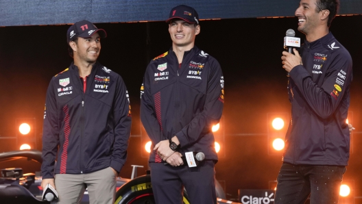 Da sinistra Perez, Verstappen e Ricciardo. LAPRESSE