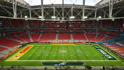 The field is readied ahead of Super Bowl LVII between the Philadelphia Eagles and the Kansas City Chiefs at State Farm Stadium in Glendale, Arizona, on February 11, 2023. (Photo by ANGELA WEISS / AFP)