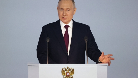 Russian President Vladimir Putin delivers his annual state of the nation address at the Gostiny Dvor conference centre in central Moscow on February 21, 2023. (Photo by Sergei KARPUKHIN / SPUTNIK / AFP)