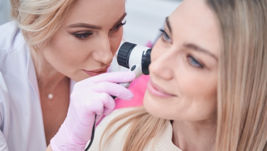 Focused middle-aged doctor examining skin of smiling calm young patient with dermatoscope