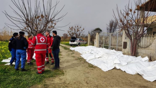 Personale del 118 e della Croce rossa a "Steccato" di Cutro, nel Crotonese, 26 febbraio 2023. I circa cinquanta superstiti trovati sulla spiaggia hanno raccontato ai soccorritori, infatti, che sul peschereccio su cui viaggiavano, che si  spezzato in due a causa del mare molto mosso, erano almeno in 250. ANSA