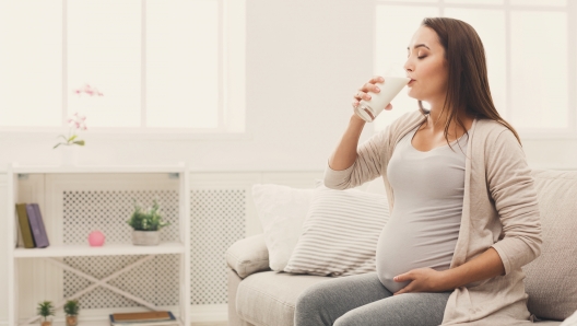 Pregnant woman drinking glass of milk copy space. Young expectant lady enjoying healthy drink. Healthcare, nutrition, vitamins, pregnancy concept