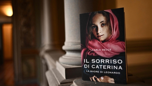 An image of the front cover of a book by Italian author Carlo Vecce 'Il Sorriso di Caterina Madre di Leonardo' or 'Caterinas Smile Leonardos Mother', during its presentation in Villa La Loggia in Florence, on March 14, 2023. (Photo by MARCO BERTORELLO / AFP)