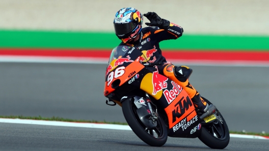 epa10540888 Moto3 rider Daniel Holgado of Red Bull KTM Tech3 in action during the first practice session for the Motorcycling Grand Prix of Portugal at Algarve International race track, south of Portugal, 24 March 2023. The Motorcycling Grand Prix of Portugal will take place on 26 March 2023.  EPA/NUNO VEIGA  EPA-EFE/NUNO VEIGA