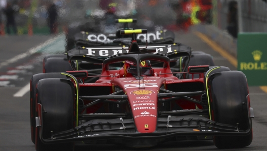 Ferrari driver Carlos Sainz of Spain prepares to leave the pit during qualifying ahead of the Australian Formula One Grand Prix at Albert Park in Melbourne, Saturday, April 1, 2023. (AP Photo/Asanka Brendon Ratnayake)