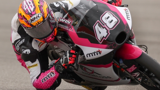 epa10573106 Spanish rider Ivan Ortola of Angeluss MTA Team in action during the second free practice session of the Moto3 category for the Motorcycling Grand Prix of The Americas at the Circuit of The Americas in Austin, Texas, USA, 14 April 2023.  EPA/ADAM DAVIS