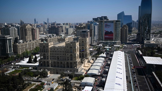 A view of the city and the Baku City Circuit ahead of the Formula One Azerbaijan Grand Prix in Baku on April 27, 2023. (Photo by NATALIA KOLESNIKOVA / AFP)