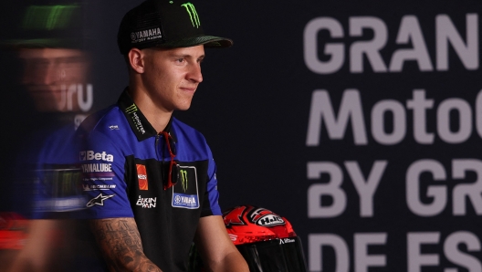 Yamaha French rider Fabio Quartararo attends a press conference ahead of the MotoGP Spanish Grand Prix at the Jerez racetrack in Jerez de la Frontera on April 27, 2023. (Photo by Pierre-Philippe MARCOU / AFP)