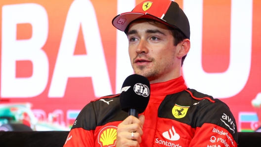 BAKU, AZERBAIJAN - APRIL 28: Pole position qualifier Charles Leclerc of Monaco and Ferrari attends the press conference after qualifying ahead of the F1 Grand Prix of Azerbaijan at Baku City Circuit on April 28, 2023 in Baku, Azerbaijan. (Photo by Bryn Lennon/Getty Images)