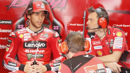 epa10596606 Italian MotoGP rider Enea Bastianini (L) of Ducati Lenovo Team during the first free training session of the Spanish Motorcycling Grand Prix at Angel Nieto track in Jerez de la Frontera, Spain on 28 April 2023.  EPA/Jose Manuel Vidal