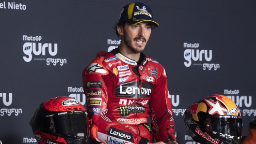 JEREZ DE LA FRONTERA, SPAIN - APRIL 30: Francesco Bagnaia of Italy and Ducati Lenovo Team speaks during the press conference at the end of the MotoGP race during the MotoGP Of Spain - Race on April 30, 2023 in Jerez de la Frontera, Spain. (Photo by Mirco Lazzari gp/Getty Images)