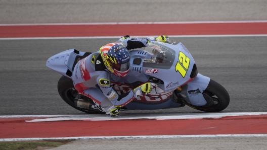 AUSTIN, TEXAS - APRIL 14: Filip Salac of Czech Republic and Gresini Racing Moto2 rounds the bend during the MotoGP Of The Americas - Free Practice on April 14, 2023 in Austin, Texas.   Mirco Lazzari gp/Getty Images/AFP (Photo by Mirco Lazzari gp / GETTY IMAGES NORTH AMERICA / Getty Images via AFP)