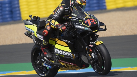 LE MANS, FRANCE - MAY 12: Marco Bezzecchi of Italy and Mooney VR46 Racing Team heads down a straight during the MotoGP of France - Free Practice on May 12, 2023 in Le Mans, France. (Photo by Mirco Lazzari gp/Getty Images)