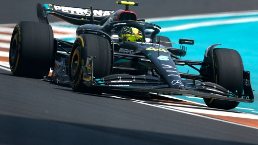 MIAMI, FLORIDA - MAY 05: Lewis Hamilton of Great Britain driving the (44) Mercedes AMG Petronas F1 Team W14 on track during practice ahead of the F1 Grand Prix of Miami at Miami International Autodrome on May 05, 2023 in Miami, Florida.   Chris Graythen/Getty Images/AFP (Photo by Chris Graythen / GETTY IMAGES NORTH AMERICA / Getty Images via AFP)