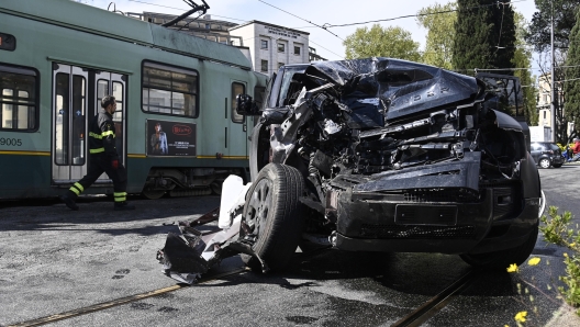 Police and Fire Department carry out surveys on the site of the accident between the car of the SS Lazio player Ciro Immobile and a bus, at Matteotti bridge, Rome, Italy, 16 April 2023. The accident involved seven people in addition to Immobile, including tram passengers, who were taken to the hospital for examination. The footballer, "a little sore in the arm", speaking to the police, explained that the bus would run on red light.    ANSA / RICCARDO ANTIMIANI