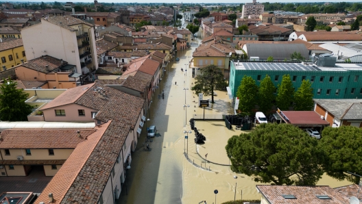 Flood shot with a drone in Lugo, near Ravenna, Italy, 18 May 2023. The Regional Councillor for Civil Protection Irene Priolo, announced that the municipalities involved in the flood emergency in the plain are now 42 and confirmed that the displaced are about ten thousand.  ANSA/EMANUELE VALERI