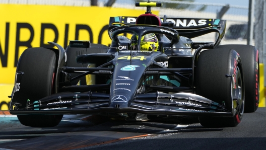 Mercedes driver Lewis Hamilton of Britain steers his car during qualifying for the Formula One Miami Grand Prix auto race, Saturday, May 6, 2023, at the Miami International Autodrome in Miami Gardens, Fla. (AP Photo/Lynne Sladky)