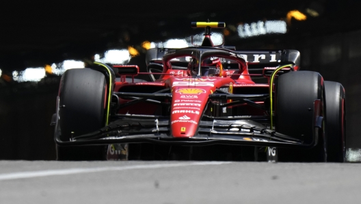 Ferrari driver Carlos Sainz of Spain steers his car during the Formula One third free practice session at the Monaco racetrack in Monaco, Saturday, May 27, 2023. The Formula One race will be held on Sunday. (AP Photo/Luca Bruno)