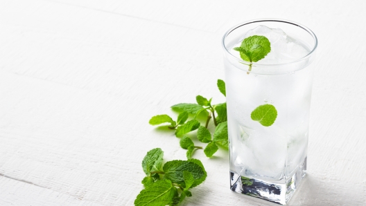 Cold glass of drinking water with ice and mint