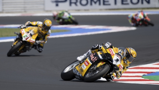 MISANO ADRIATICO, ITALY - JUNE 03: Alvaro Bautista of Spain and Aruba.it Racing - Ducati leads the field during the Superbike race 1 during the WorldSBK Round 5 - Misano Adriatico: Race 1 at Misano World Circuit on June 03, 2023 in Misano Adriatico, Italy. (Photo by Mirco Lazzari gp/Getty Images)