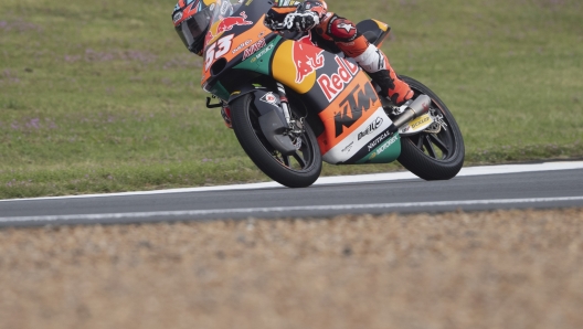 LE MANS, FRANCE - MAY 13: Deniz Oncu of Turkie and Red Bull KTM Ajo heads down a straight during the Moto3 free practice during the MotoGP Of France - Qualifying on May 13, 2023 in Le Mans, France. (Photo by Mirco Lazzari gp/Getty Images)