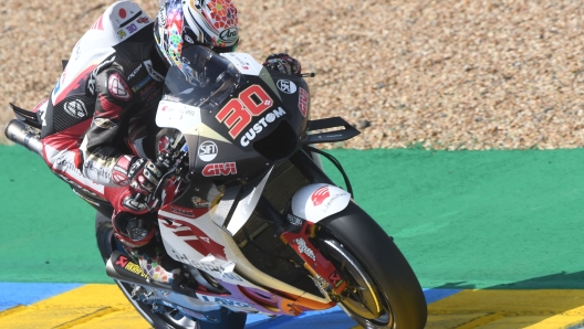 LCR Honda Japan rider Takaaki Nakagami competes during the 1st free practice session ahead of the French MotoGP Grand Prix race of the French motorcycling Grand Prix, in Le Mans, northwestern France, on May 12, 2023. (Photo by Jean-Francois MONIER / AFP)