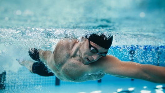 Underwater shot of fit swimmer training in the pool. Professional male swimmer inside swimming pool.