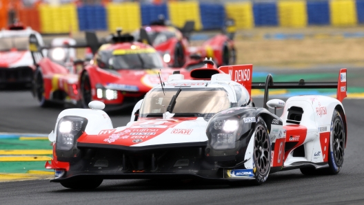 LE MANS, FRANCE - JUNE 10: The #08 Toyota Gazoo Racing GR010 Hybrid of Sebastien Buemi, Brendon Hartley, and Ryo Hirakawa in action during the 100th anniversary running of the 24 Hours of Le Mans at the Circuit de la Sarthe June 10, 2023 in Le Mans, France. (Photo by Clive Rose/Getty Images)