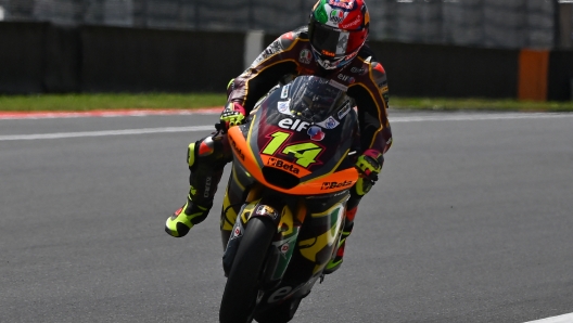 ELF Marc VDS Racing Team Kalex Italian rider Tony Arbolino reacts as he crosses the finish line to win the Italian Moto2 Grand Prix race at Mugello Circuit in Mugello, on June 11, 2023. (Photo by Filippo MONTEFORTE / AFP)