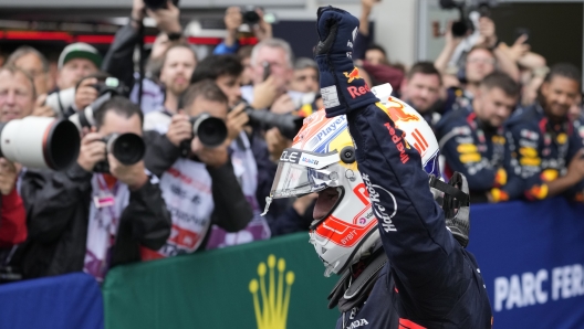 Red Bull driver Max Verstappen of the Netherlands celebrates winning the sprint race, at the Red Bull Ring racetrack, in Spielberg, Austria, Saturday, July 1, 2023. The Formula One Austrian Grand Prix will be held on Sunday, July 2, 2023. (AP Photo/Darko Bandic)