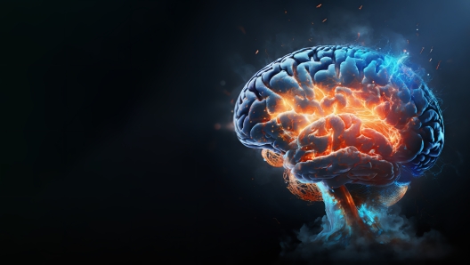 Brain on fire, exploding brain, degenerative cognitive disease concept like Parkinson's, Alzheimer's, dementia, MS (multiple sclerosis), brain power treatment 3d rendering