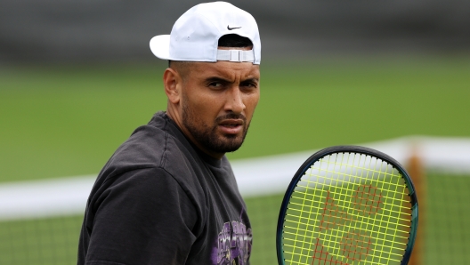 LONDON, ENGLAND - JULY 02: Nick Kyrgios of Australia looks on during a practice session ahead of The Championships - Wimbledon 2023 at All England Lawn Tennis and Croquet Club on July 02, 2023 in London, England. (Photo by Patrick Smith/Getty Images)