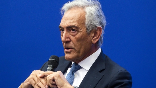 Il Presidente FIGC Gabriele Gravina, durante la presentazione del documentario Ã?Numero 3 Sara GamaÃ?, il docufilm prodotto da Rai Documentari sulla vita della calciatrice della Juventus, capitana della Nazionale e Vicepresidente dellÃ?Associazione Italiana Calciatori, presso la sede Rai di viale Mazzini, Roma, 09 gennaio 2023. ANSA/ANGELO CARCONI