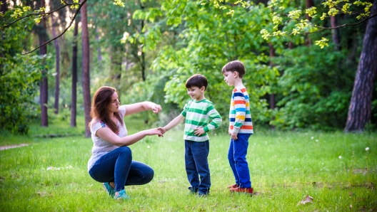 Young woman mother applying insect repellent to her two son before forest hike beautiful summer day or evening. Protecting children from biting insects at summer. Active leisure with kids.