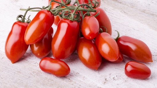 bunch of freshly picked San Marzano tomatoes laid down on a light wooden table