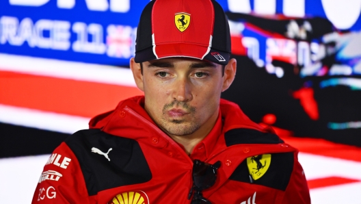 NORTHAMPTON, ENGLAND - JULY 06: Charles Leclerc of Monaco and Ferrari attends the Drivers Press Conference during previews ahead of the F1 Grand Prix of Great Britain at Silverstone Circuit on July 06, 2023 in Northampton, England. (Photo by Dan Mullan/Getty Images)