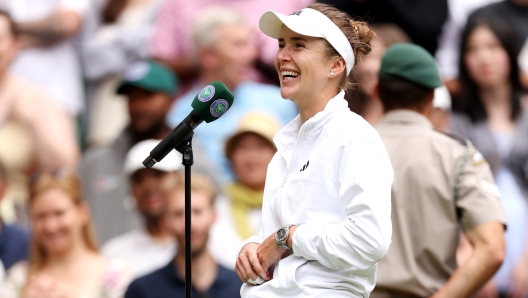 LONDON, ENGLAND - JULY 11: Elina Svitolina of Ukraine speaks following victory against Iga Swiatek of Poland in the Women?s Singles Quarter Final match during day nine of The Championships Wimbledon 2023 at All England Lawn Tennis and Croquet Club on July 11, 2023 in London, England. (Photo by Julian Finney/Getty Images)