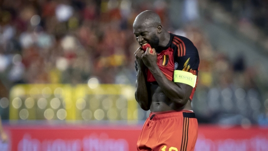 Belgium's forward Romelu Lukaku reacts during the UEFA Euro 2024 group F qualification football match between Belgium and Austria at the King Baudouin Stadium in Brussels, on June 17, 2023. (Photo by KRISTOF VAN ACCOM / Belga / AFP) / Belgium OUT